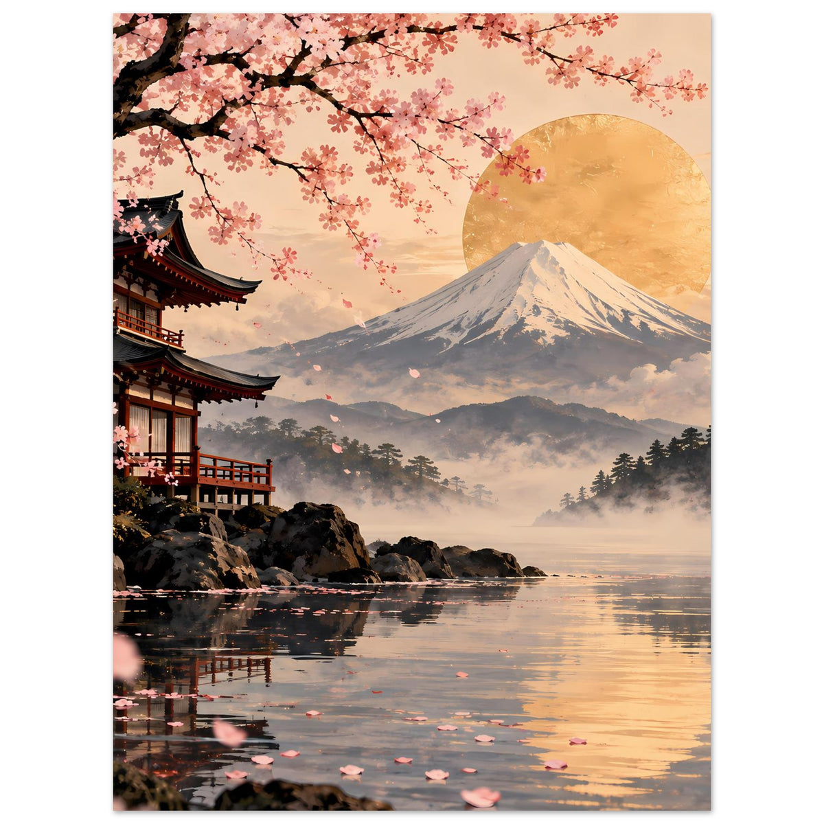 Poster mit Fuji-Berg, goldenem Mond, rosa Kirschblüten und ruhiger See mit Wegen im Vordergrund