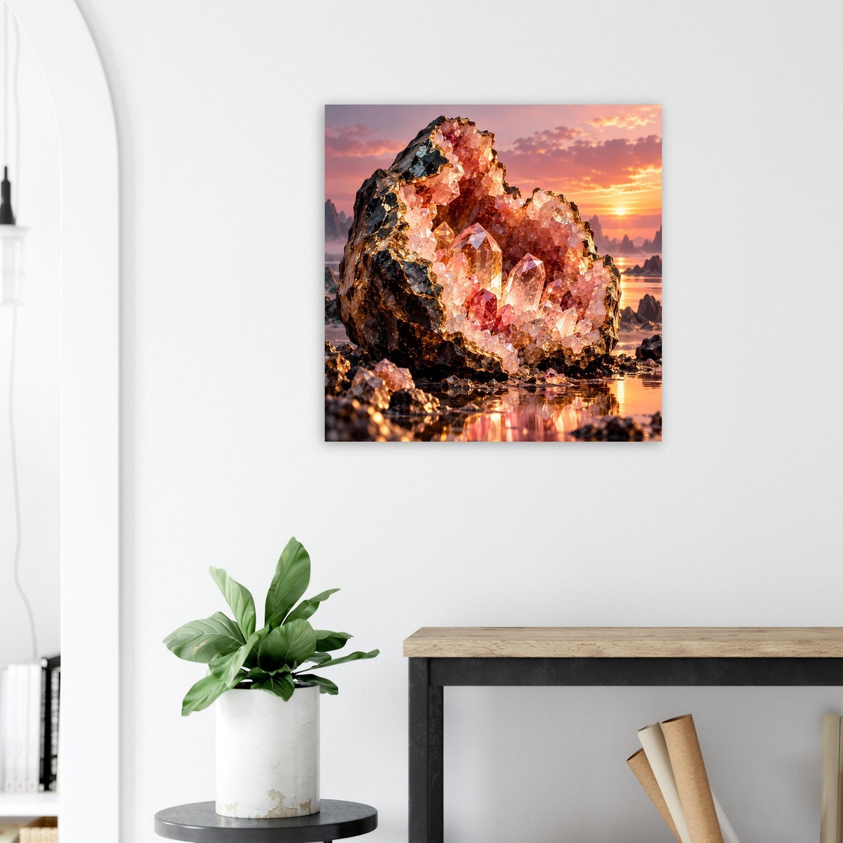 Kristallgeoden-Poster: leuchtende rosa Kupferkristalle vor warmem Sonnenuntergang