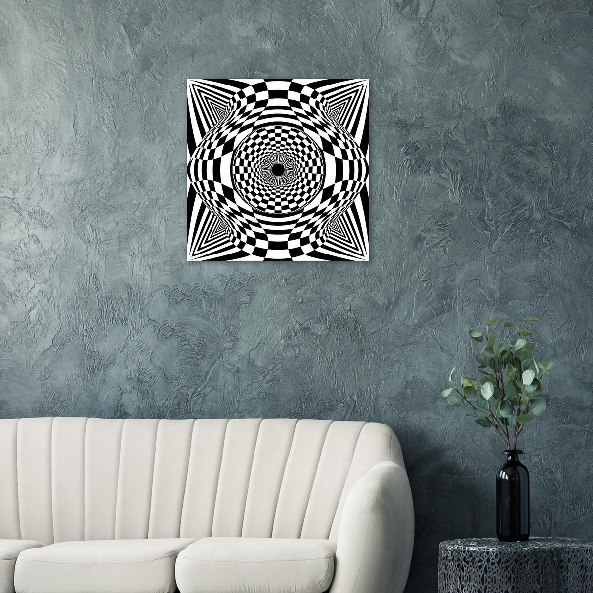 Quadratisches Poster mit schwarz-weißem Schachbrettkreiswirbel und sternförmigem Rahmen.