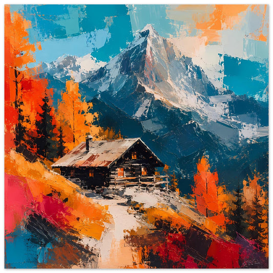 Herbstliches Berghütten-Poster: Hütte im Gebirge, Berge und Fichten in Orange-Rot, matt