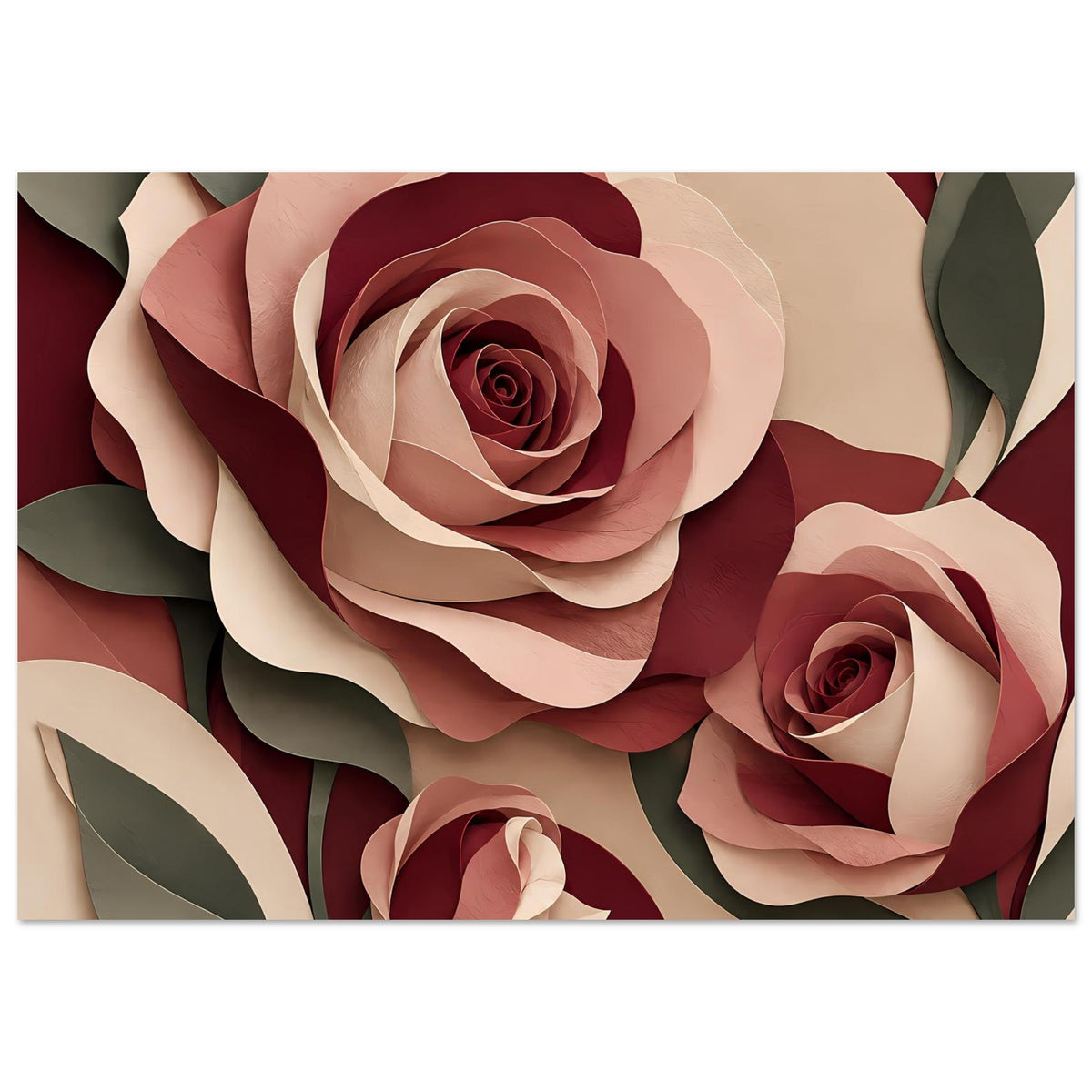 Florales Kunstposter mit burgunder- und roséfarbenen Papierrosen