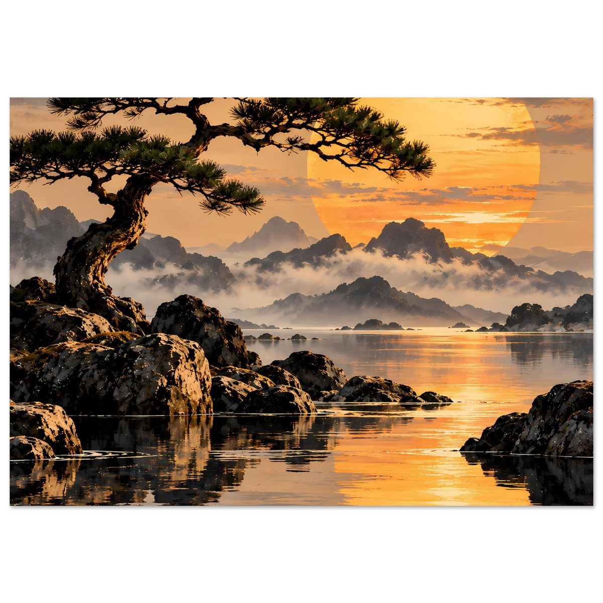 Gerahmtes Landschaftsposter (Querformat) mit goldenem Sonnenuntergang, See, Felsen und Ast.