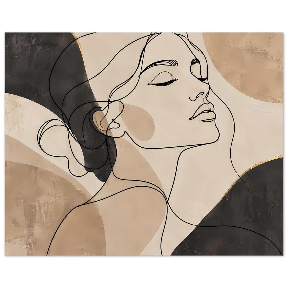 Kunstposter mit Linienporträt, stärkerer Bildausschnitt der Gesichtspartie, beige und schwarz