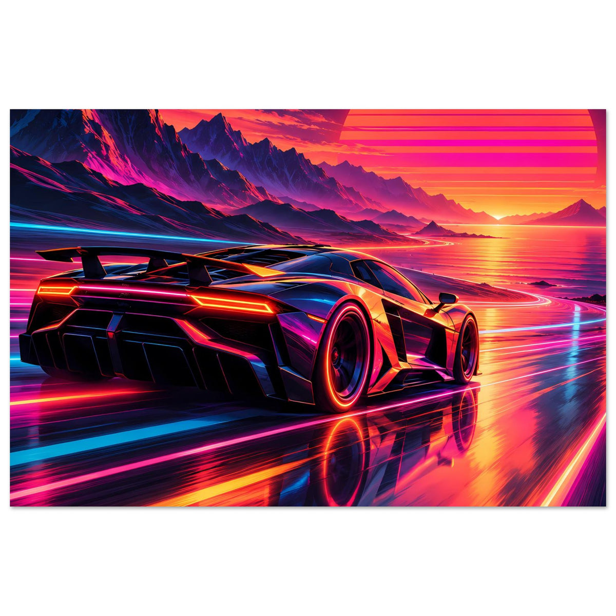 Poster im Querformat: futuristischer Sportwagen mit Neonreflexen und Speed-Lichtspuren