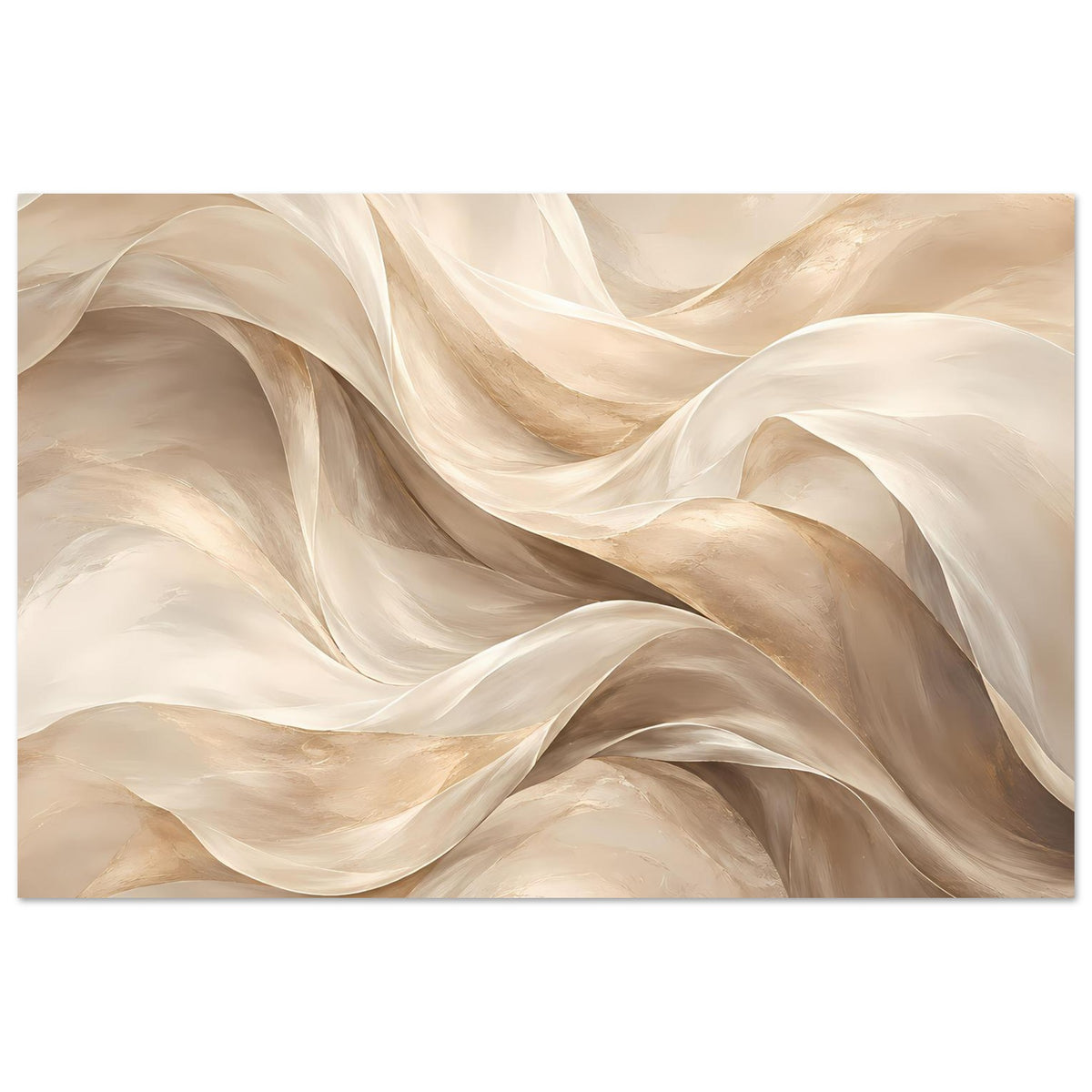 Abstraktes Fluss-Poster, horizontal: fließende Bänder mit sanften Beige- und Goldnuancen.