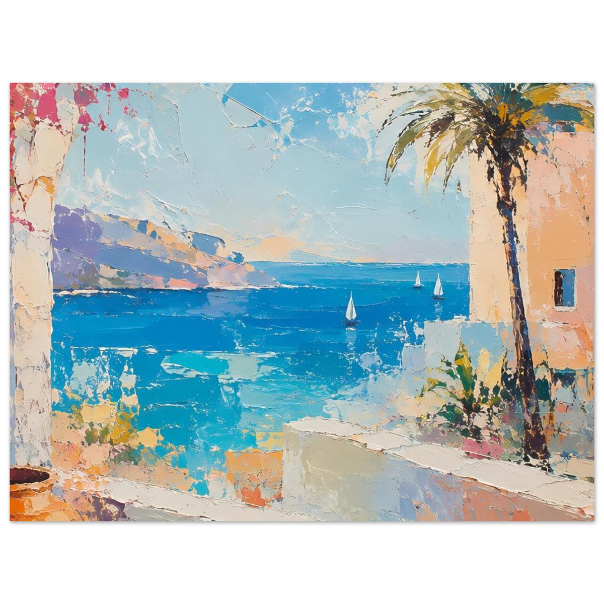 Sommerposter: blaues Meer mit Segelbooten, Palme rechts, Terrassenmauer und Farbtexturen
