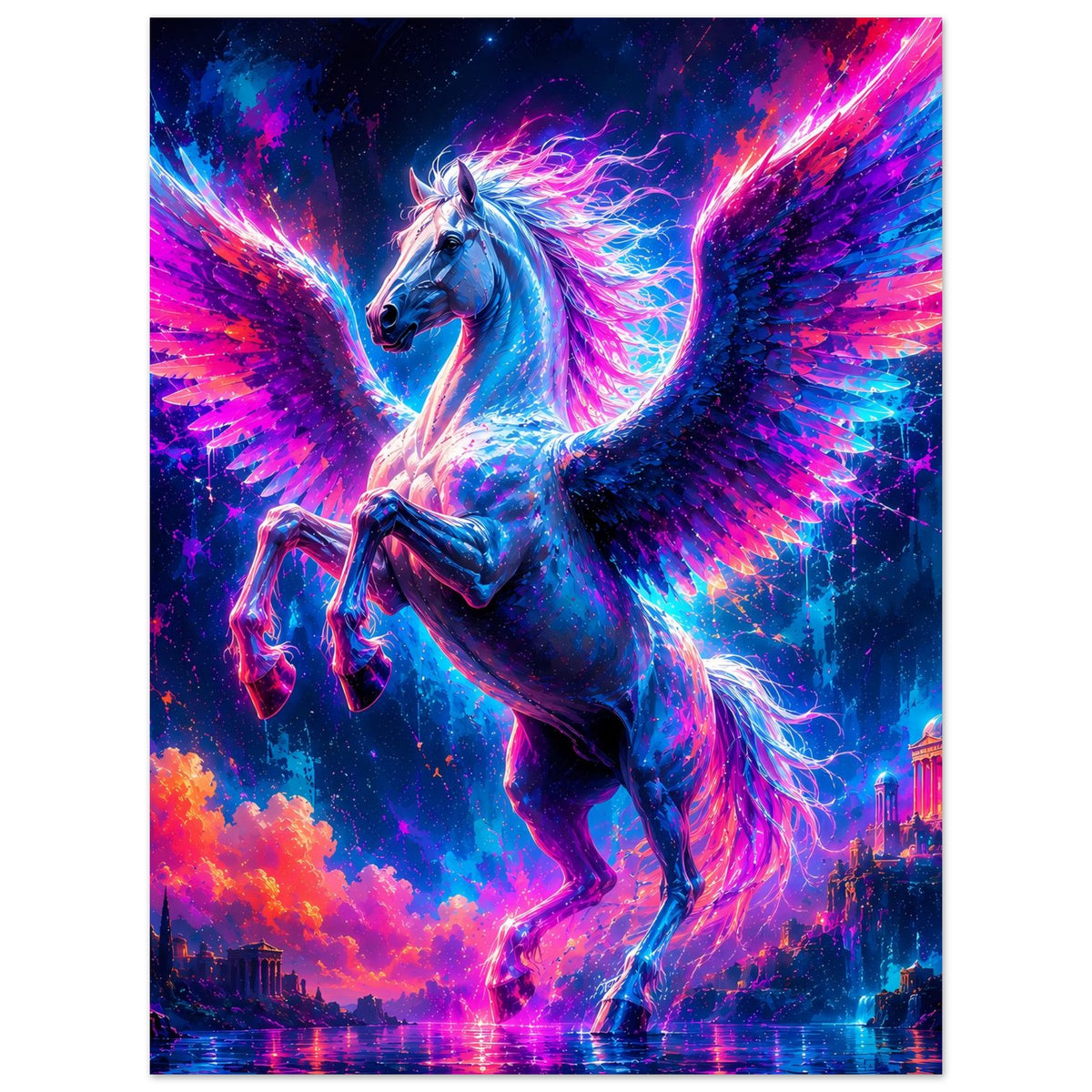 Pegasus-Poster vertikal mit leuchtender Mähne, Flügeln und Neonfarben