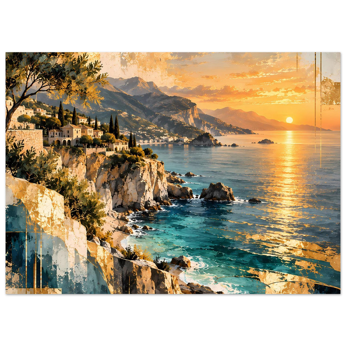 Horizontales Poster mit Sonnenuntergang an der Küste: Felsen, Wellen, goldener Sonnenstrahl und Häuser.