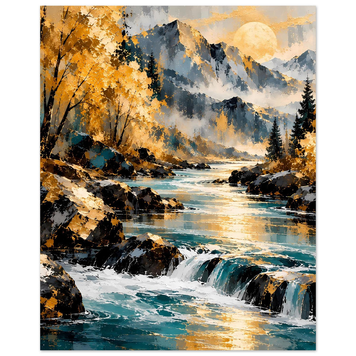 Herbstlandschafts-Poster im Querformat mit Wasserfall, Felsen, orangefarbenem Laub und Tannen