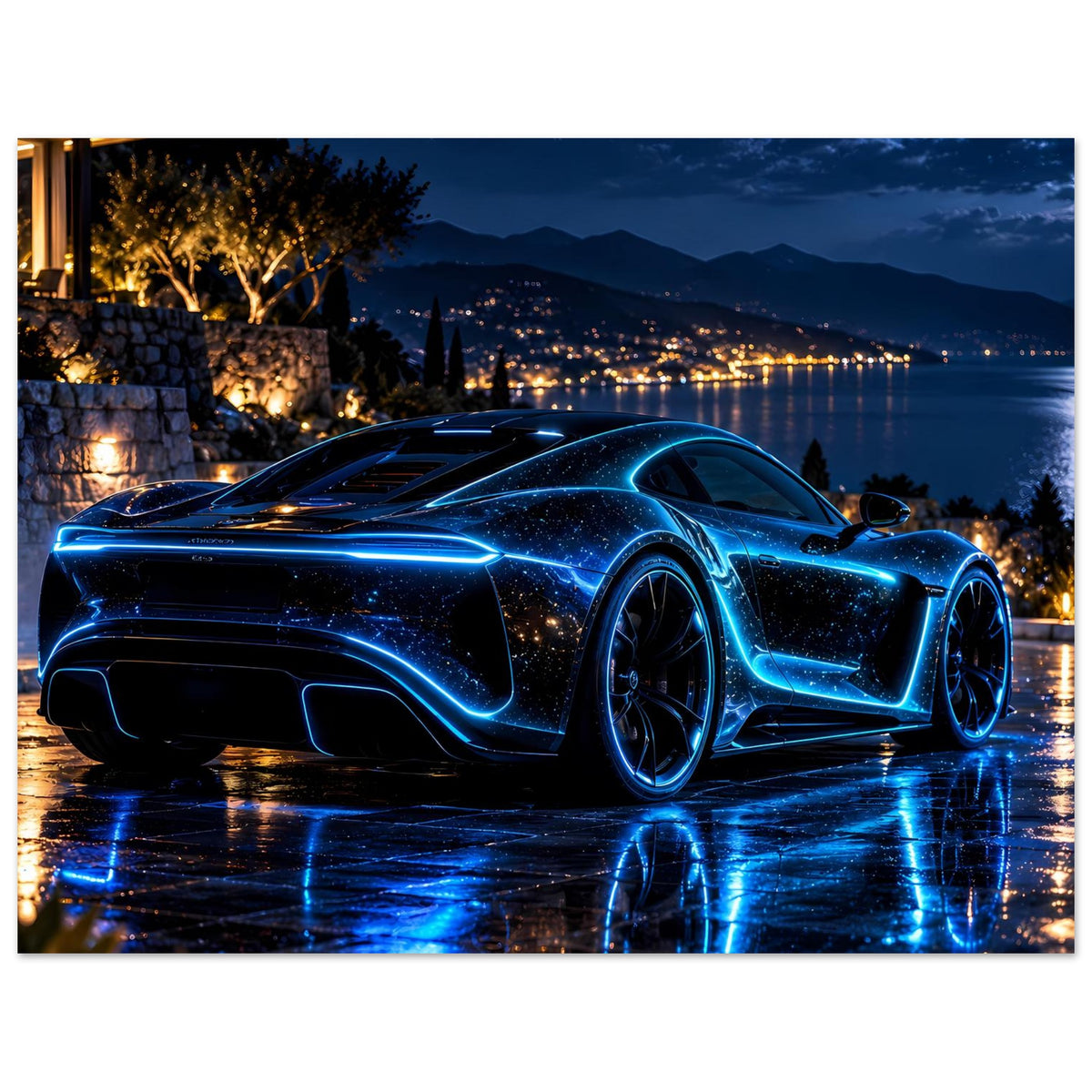 Poster: blauer Neon-Sportwagen von vorn, leuchtende Details und Spiegelung im Wasserfilm