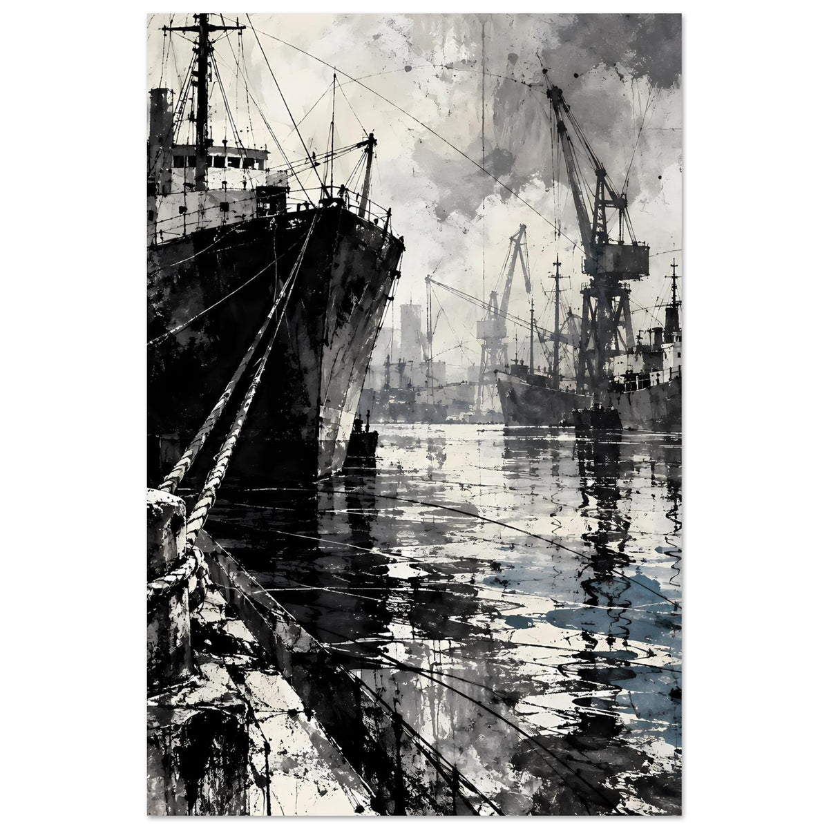 Maritimes Poster mit Hafenanlagen: Schiffe und Kräne in Schwarz-Weiß, Wasser mit hellblauen Akzenten