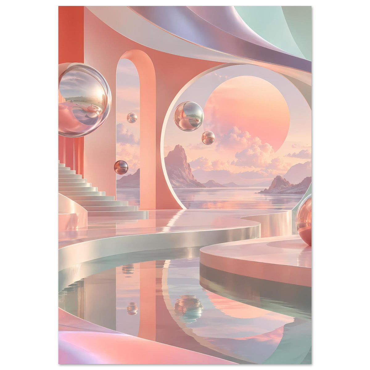Pastell-Landschaftsposter mit Treppenbogen, reflektierenden Kugeln, rundem Fenster und Becken