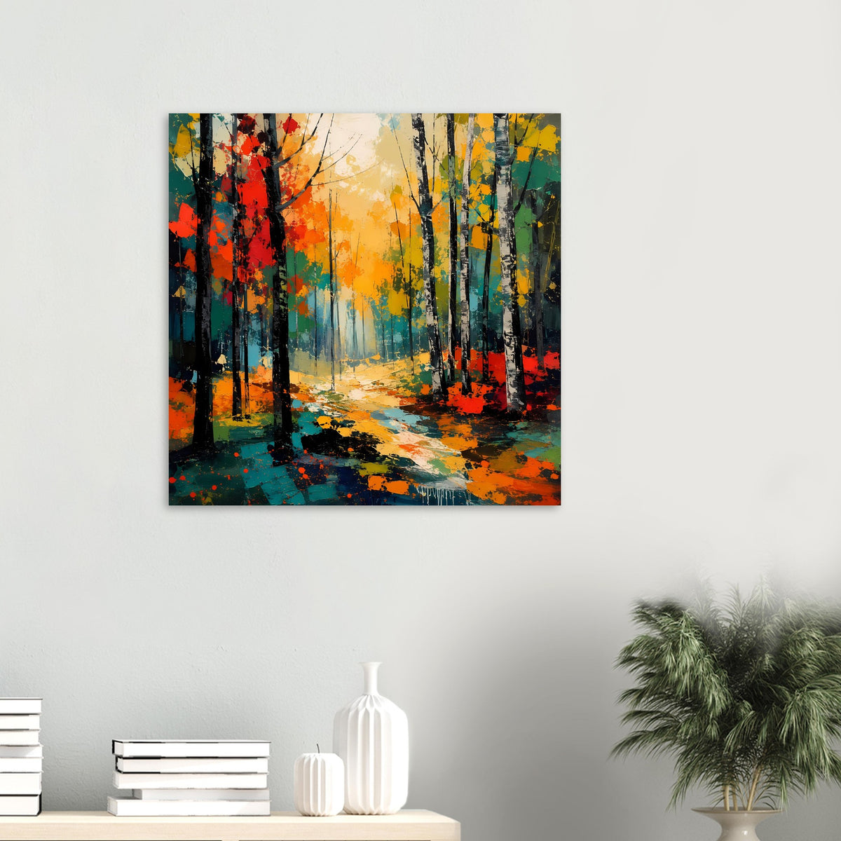 Quadratisches Poster mit farbenfrohem Herbstwald, bunten Bäumen und Lichtweg