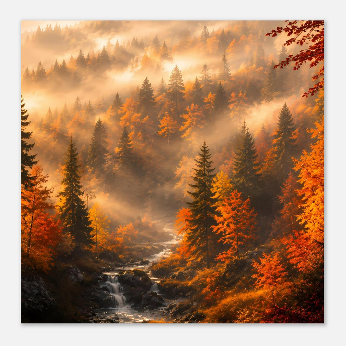 Herbstlandschafts-Poster mit nebliger Waldlandschaft, Tannen und orangefarbenen Bäumen am Bachlauf
