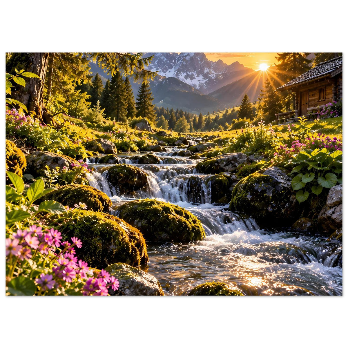 Horizontales Poster: Bachläufe über Felsen, Moosgrün und Blumen, Sonnenstrahl am Himmel