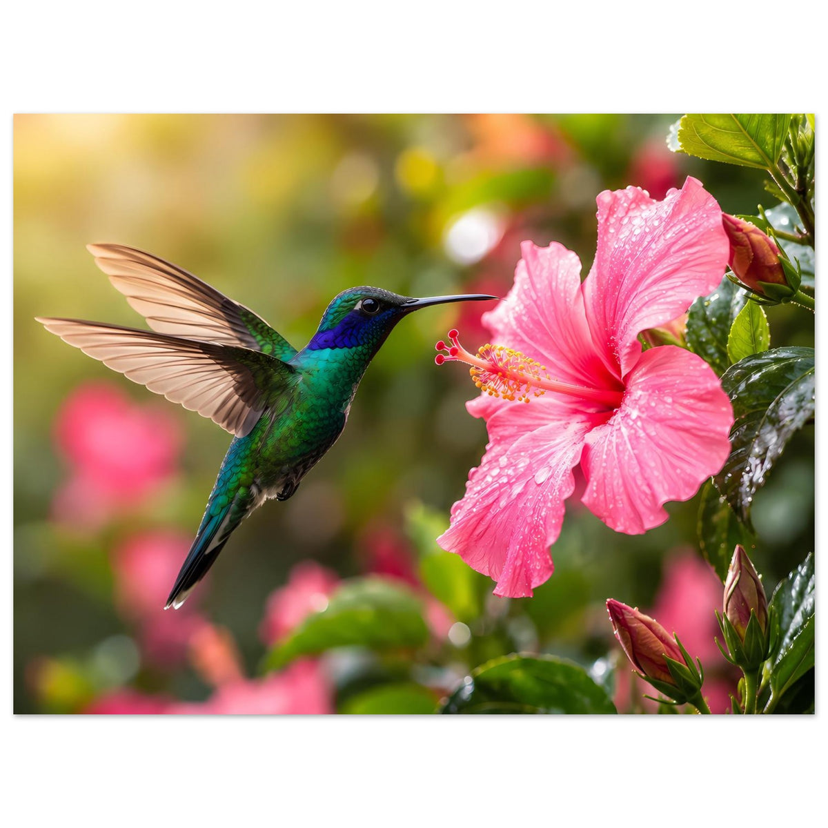 Naturposter mit grün-blauem Kolibri und pinkem Hibiskus, quadratisch gerahmt