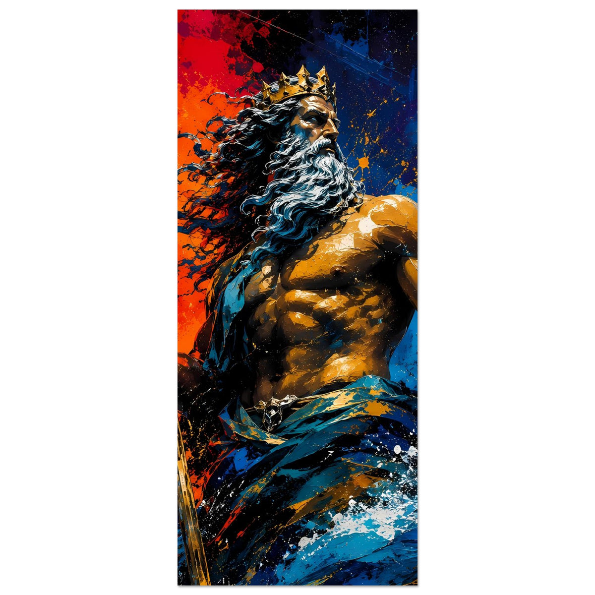 Kunstposter im Hochformat: bärtiger Meeresgott Neptun mit Krone und Dreizack; blau-rot.