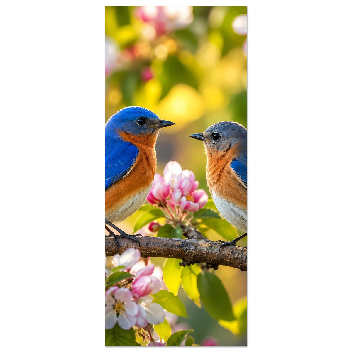 Vertikales Poster mit zwei Blaumeisen auf Ast und rosa Blüten im Ausschnitt
