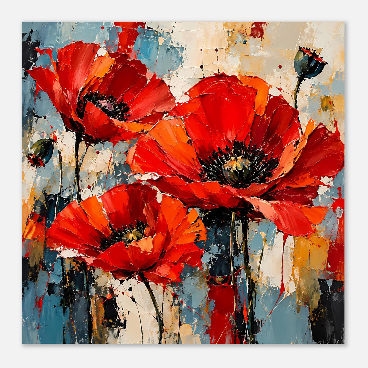 Abstraktes Poster mit roten Mohnblumen, Querformat, kompaktes Motiv mit Sprenkeloptik