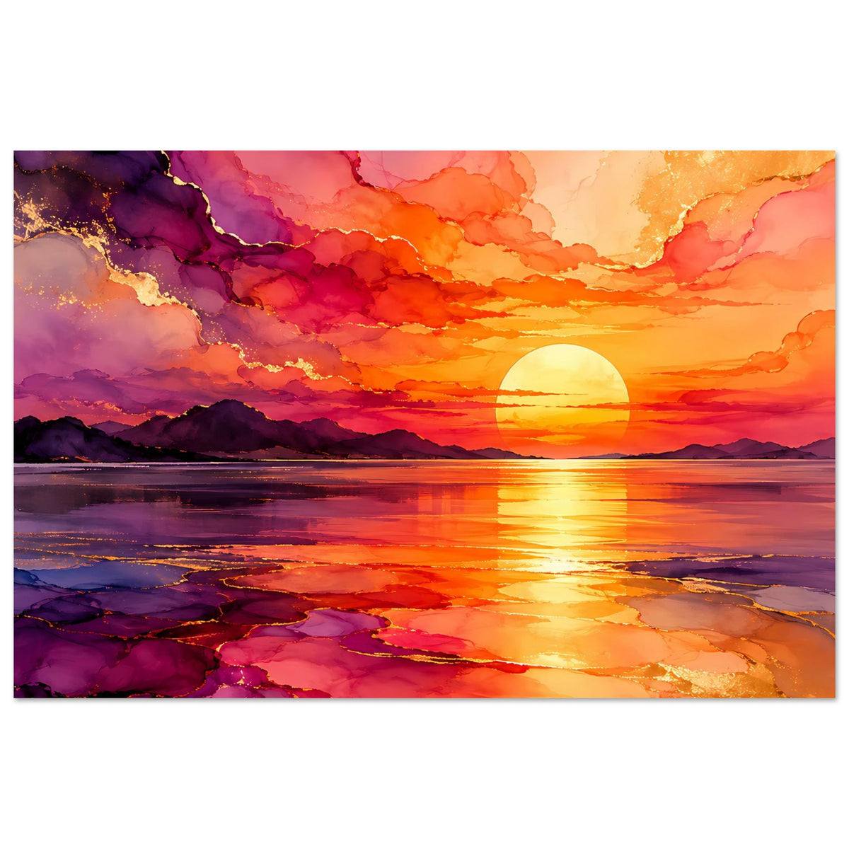 Poster: Horizont-Sonnenuntergang in Violett, Orange und Gold, mit spiegelndem Wasser.