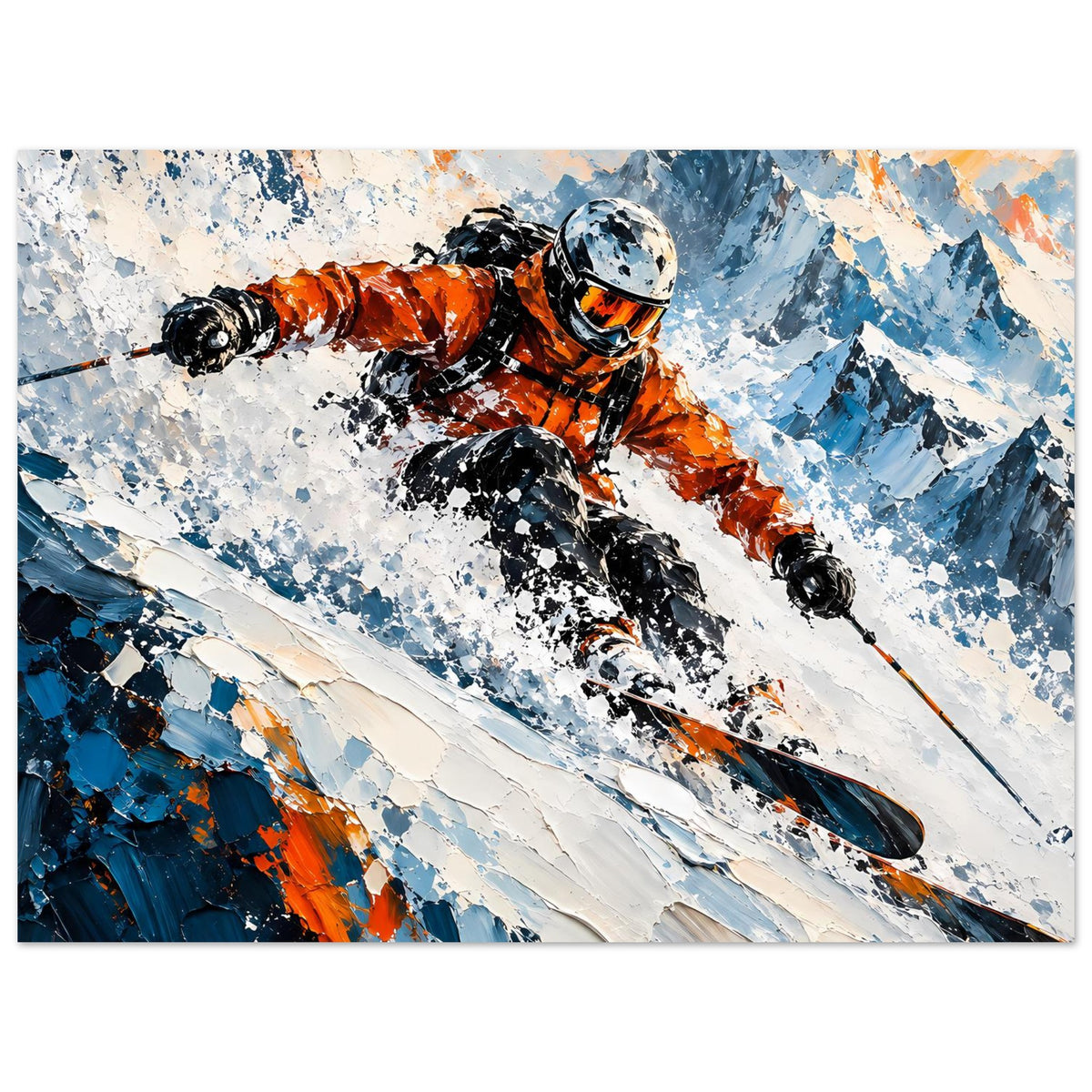 Wintersport-Poster mit Skifahrer in Orange, Skiabfahrt mit Schnee und blauer Bergsilhouette