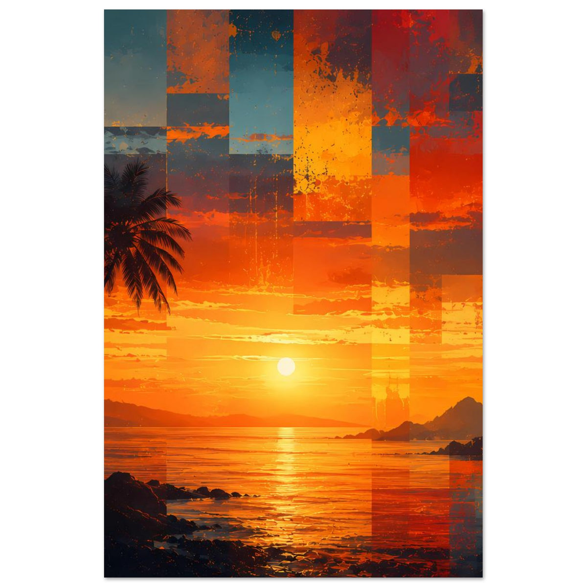 Vertikaler Kunstdruck: Sonnenuntergang am Meer, orange Patchwork, Palme links
