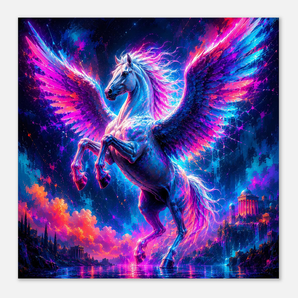Leuchtendes Pegasus-Poster, quadratisch wirkendes Motiv: Pegasus in Neonfarben