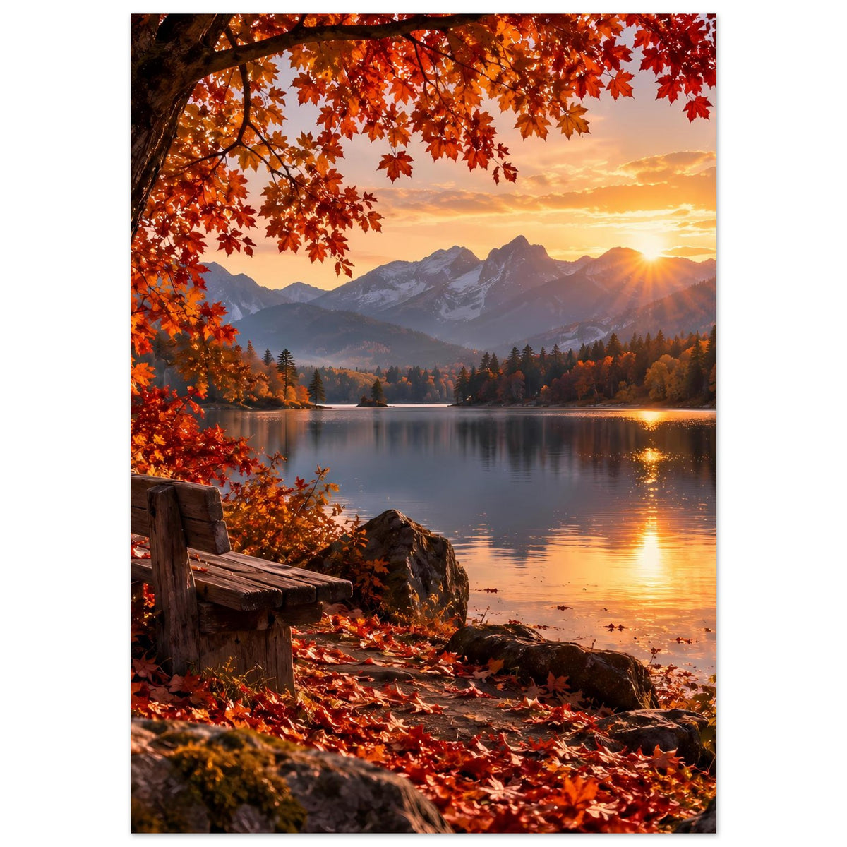Herbstlandschafts-Poster: Sonnenuntergang über Bergen und See mit Bank im Vordergrund