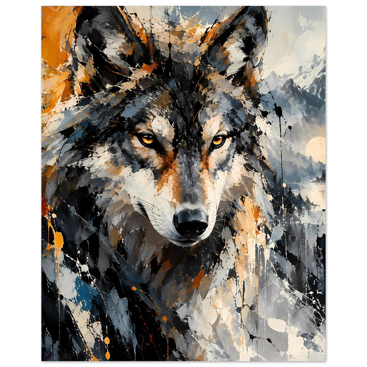 Abstraktes Wolfsgesicht-Poster in Großansicht, gelbe Augen, Schwarz-Grau mit Orange