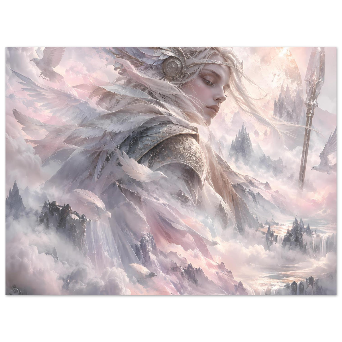 Horizontales Fantasy-Poster: Walküre mit weißen Flügeln, Schwert und bergige Nebellandschaft