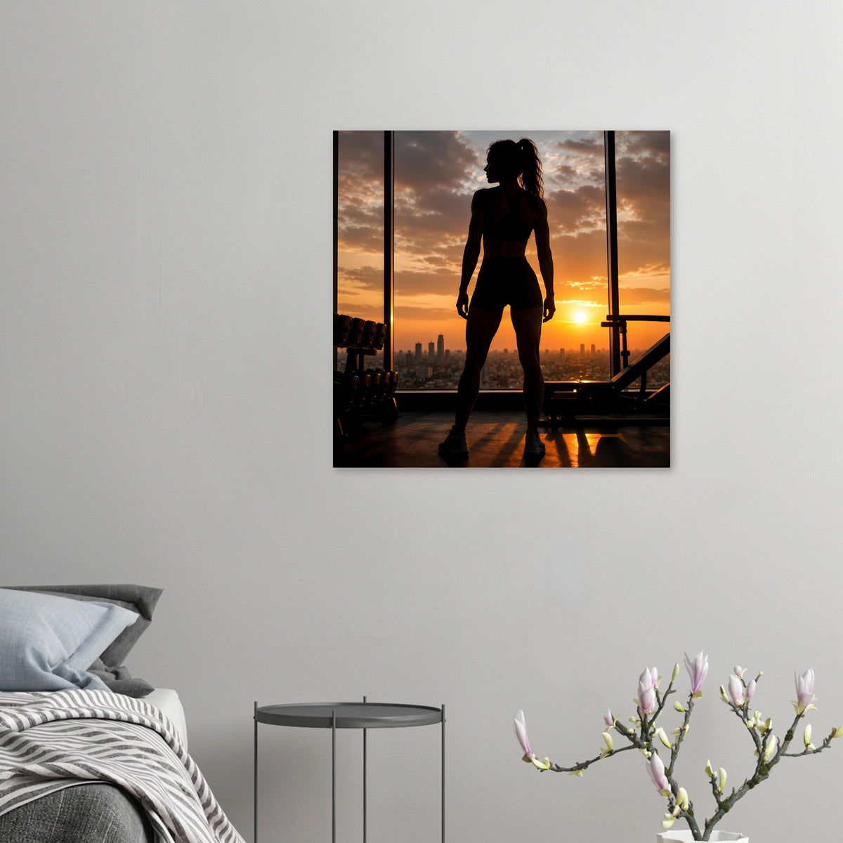 Kleines Fitness-Poster im Querformat mit schwarzer Silhouette und Training vor Sonnenuntergang