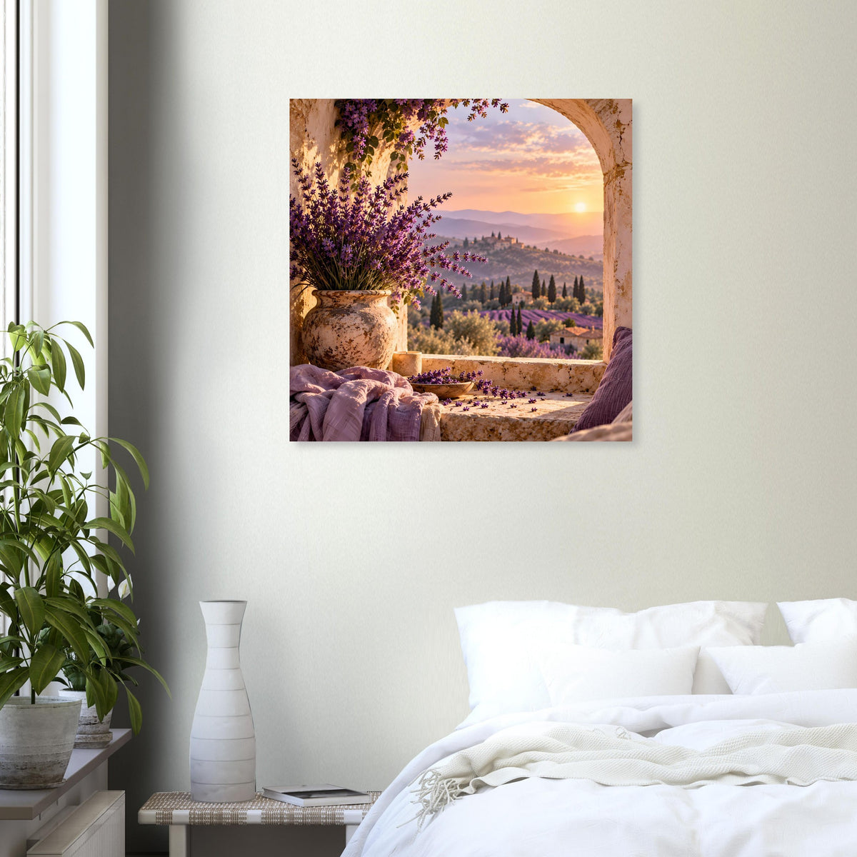 Quadratisches Poster mit Lavendelzweigen, Landschaft im Abendlicht und weitem Tal