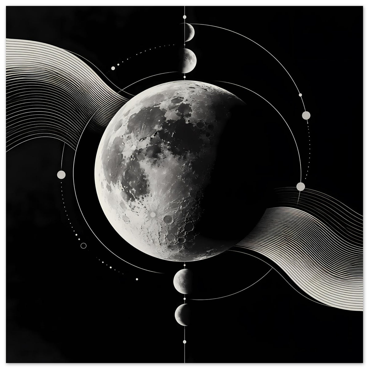 Poster mit Mondphasen: großer silberner Mond, Orbitlinien und Punktketten im Design