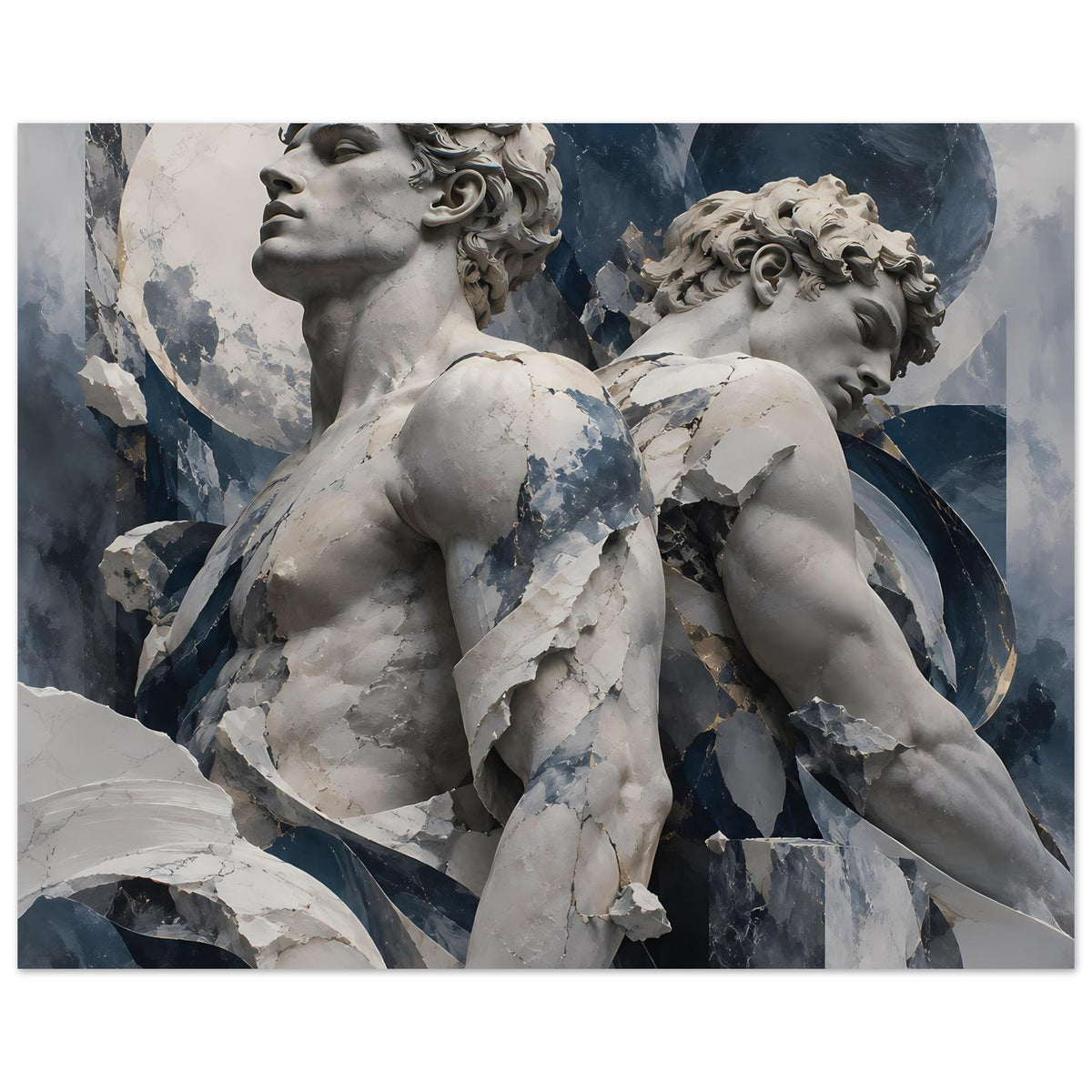Poster mit zwei antiken Statuen in Weiß und Blau, Detailansicht, Querformat