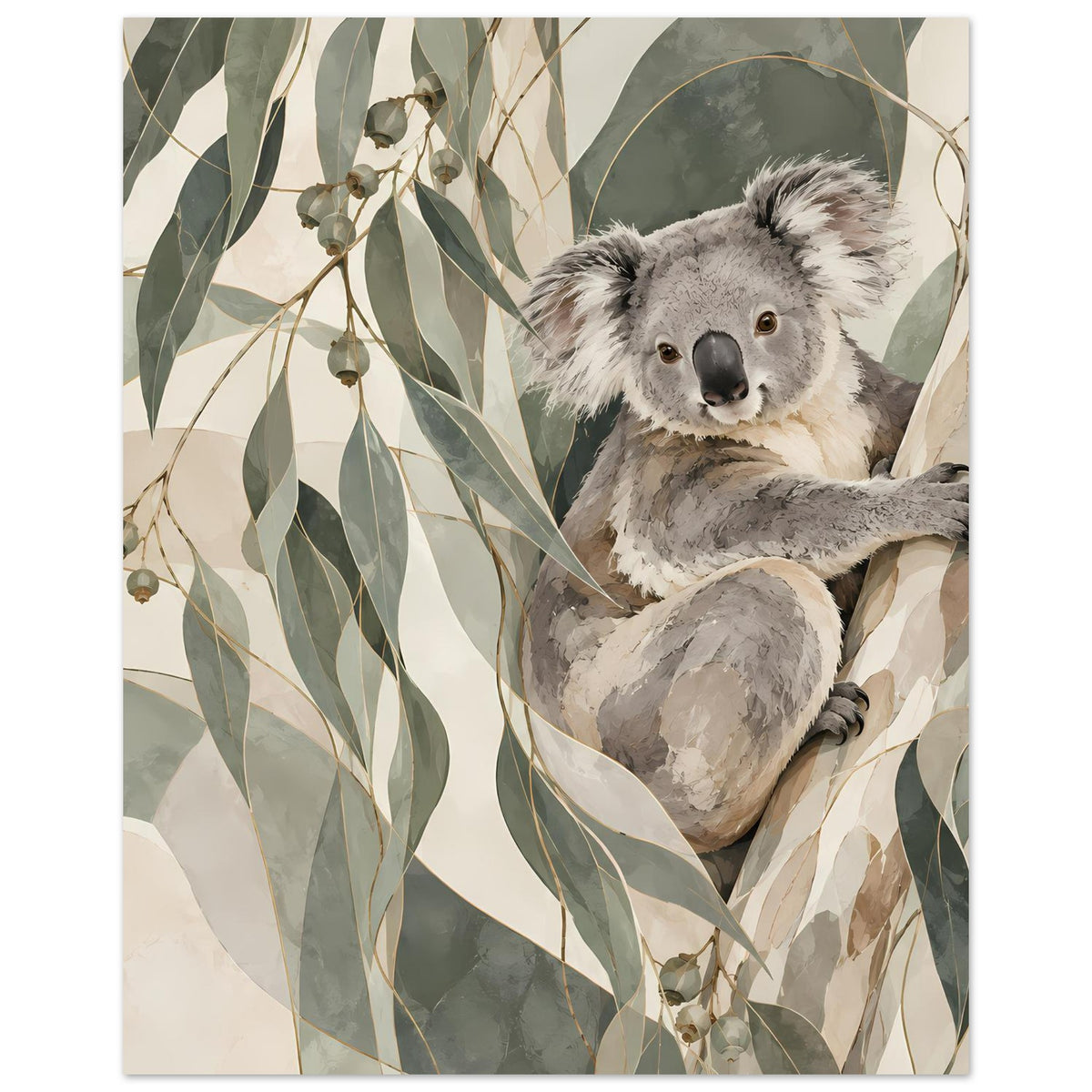 Koala-Porträtposter Hochformat: grauer Koala mit Blätterranken in sanften Erdtönen.