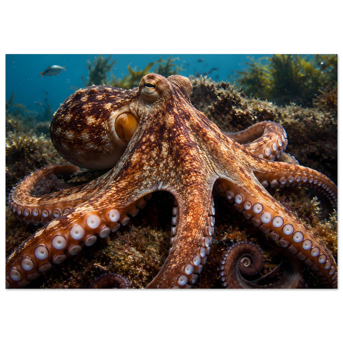 Horizontales Unterwasser-Oktopusposter mit braunem Oktopus und Saugnäpfen an den Tentakeln