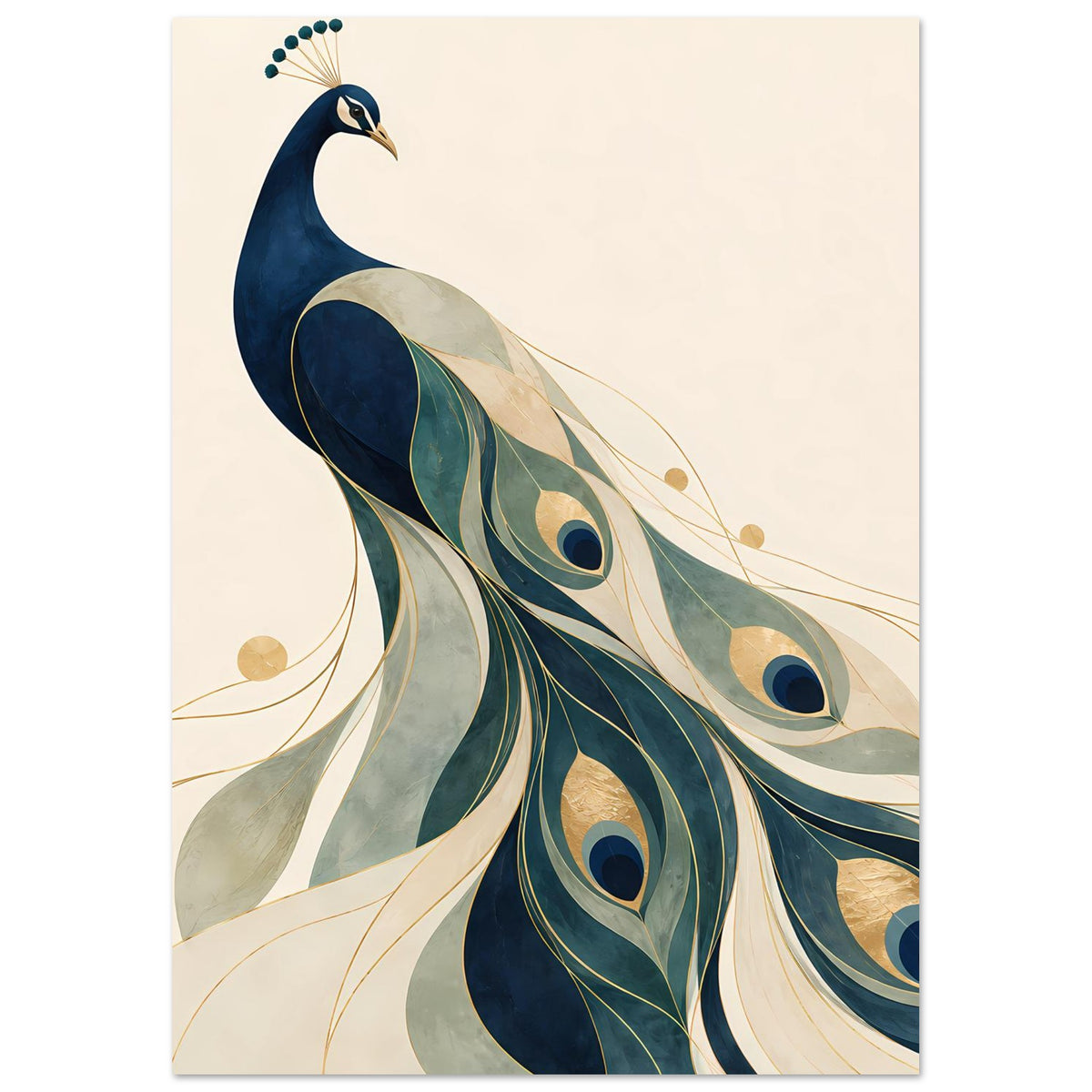 Porträt-Poster: Pfau im Vollbild mit langen Federn und runden Augen in Blau, Grün, Gold
