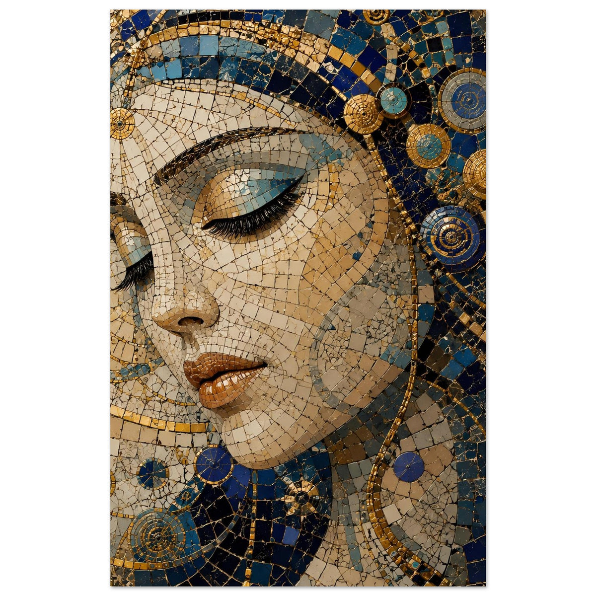 Poster im Hochformat: Mosaik-Porträt einer Frau in Blau und Gold mit Blick nach links