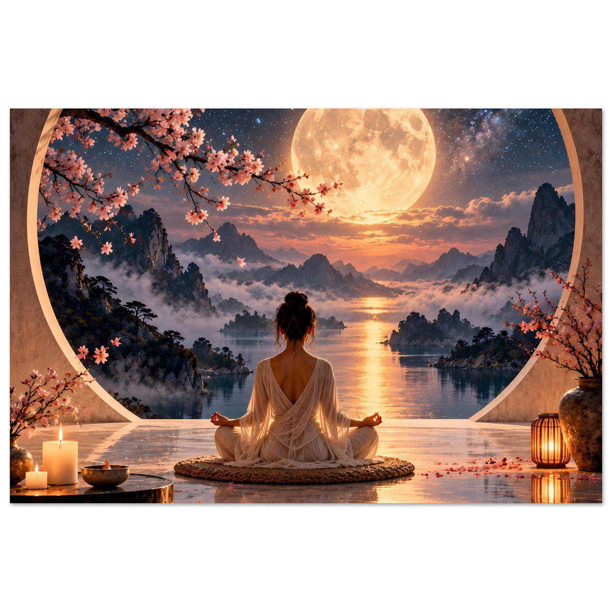 Zen-Meditationsposter mit Meditierender, Mondlandschaft, Kirschblütenzweigen, Kerzen und Laterne