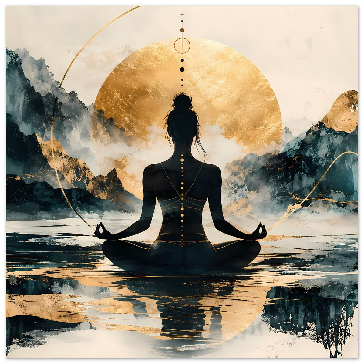 Hochformatiges Poster: Meditationsfigur mit goldener Kette und großer goldener Kreisfläche