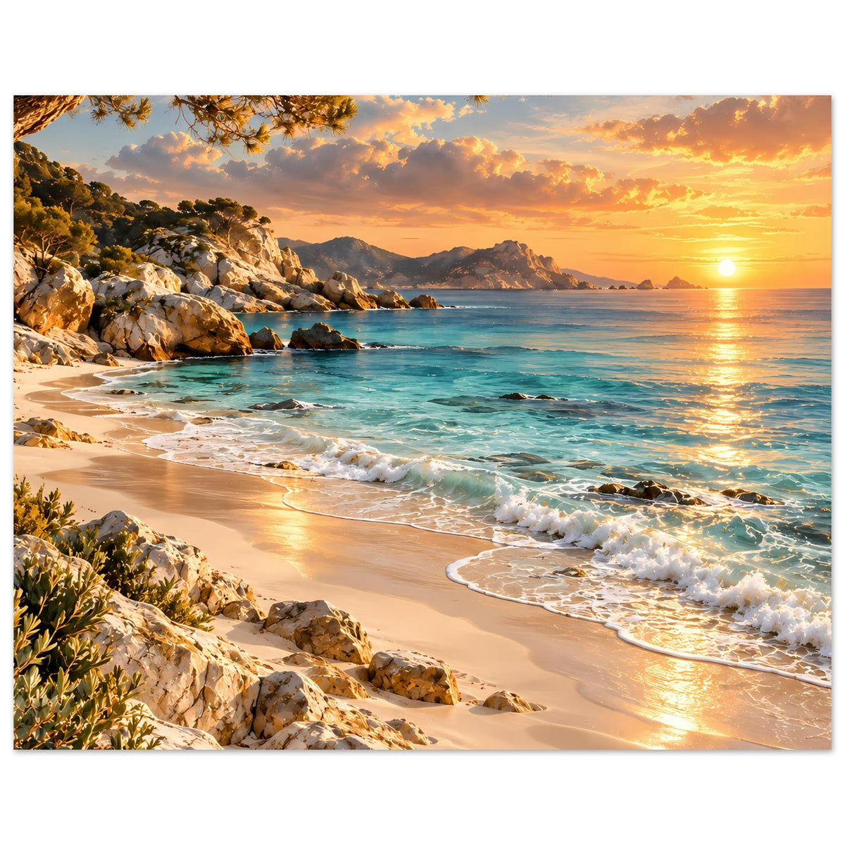 Querformat-Strandposter mit Küste, Brandungswellen, warmem Himmel und untergehender Sonne