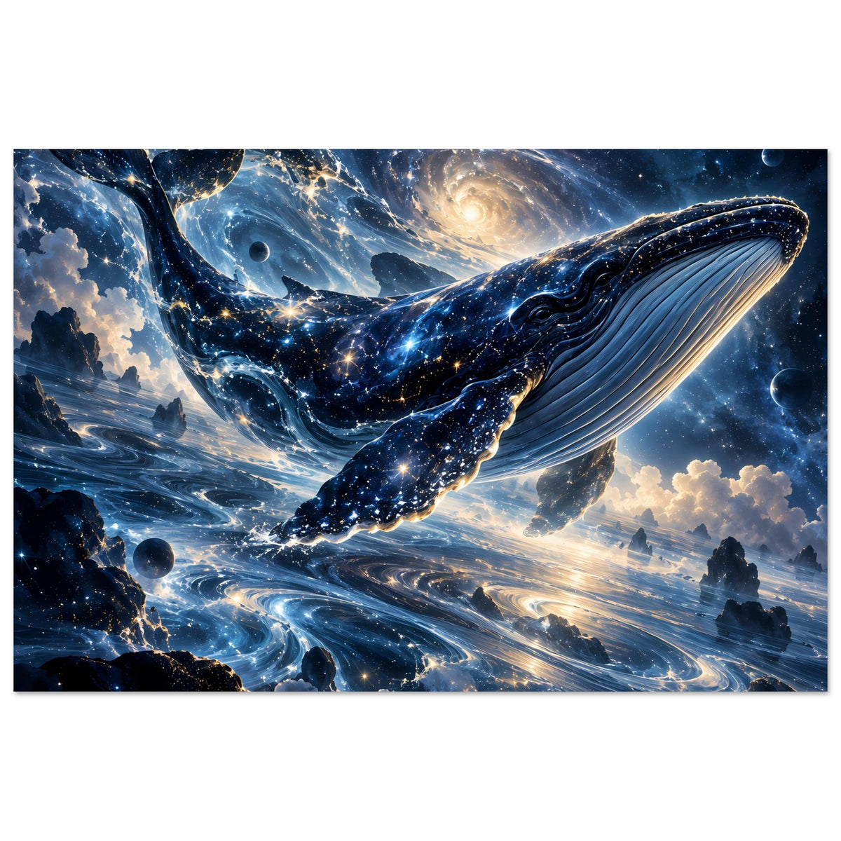 Horizontales Poster mit großem Wal und fließenden blauen Galaxielinien
