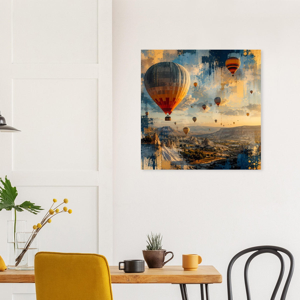 Landschaftsposter mit Heißluftballons in Blau, Orange und Gelb, abstraktes Motiv
