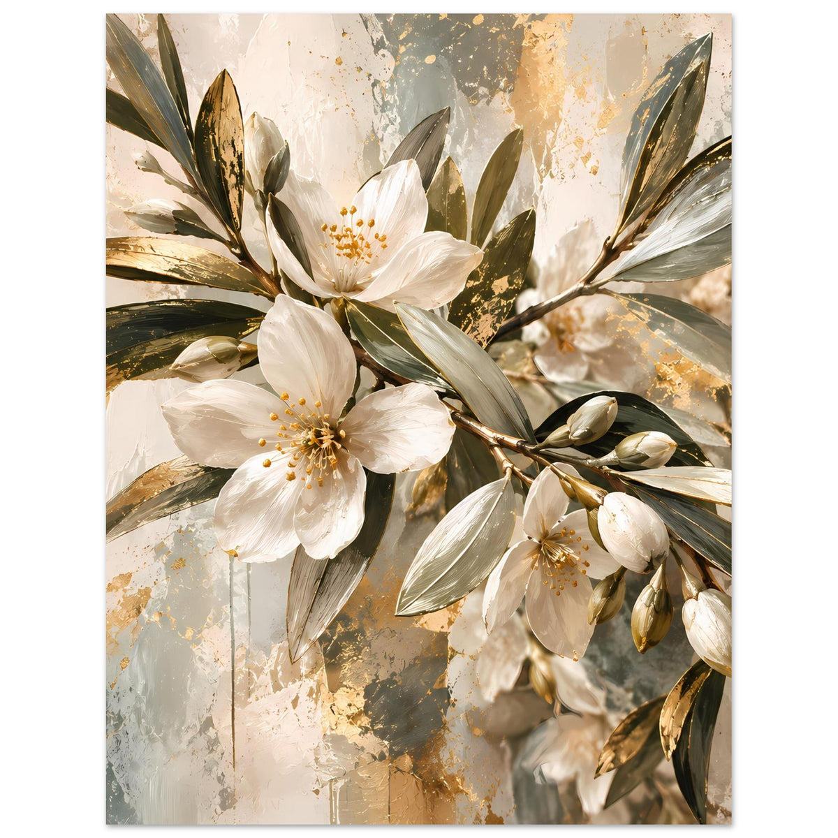 Blumenposter mit weißen Blüten und goldenen Farbakzenten, dazu grüne Blätter, Hochformat
