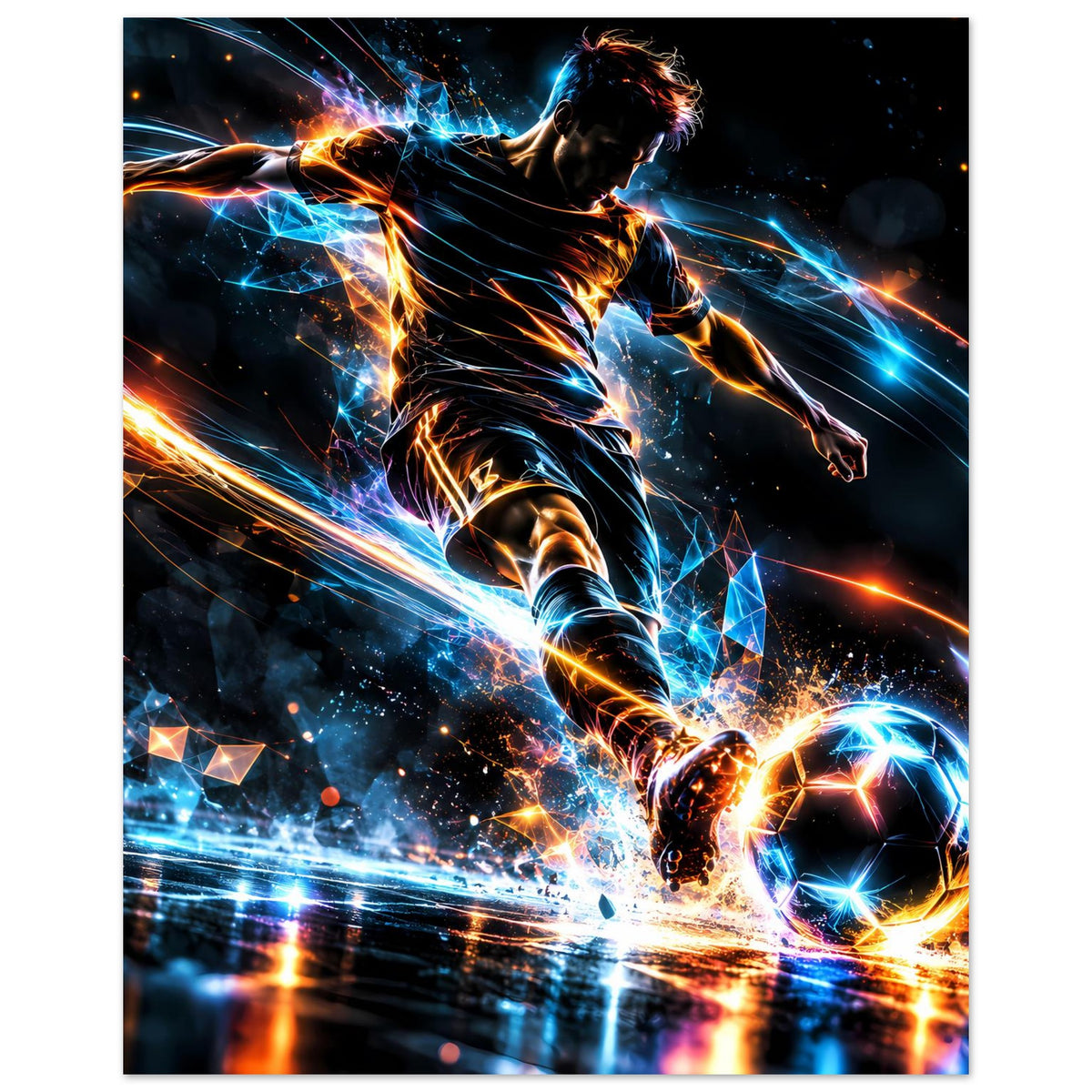 Gerahmtes Neon-Fußball-Actionposter, vertikal: spielender Stürmer mit blau-orangen Lichtbahnen