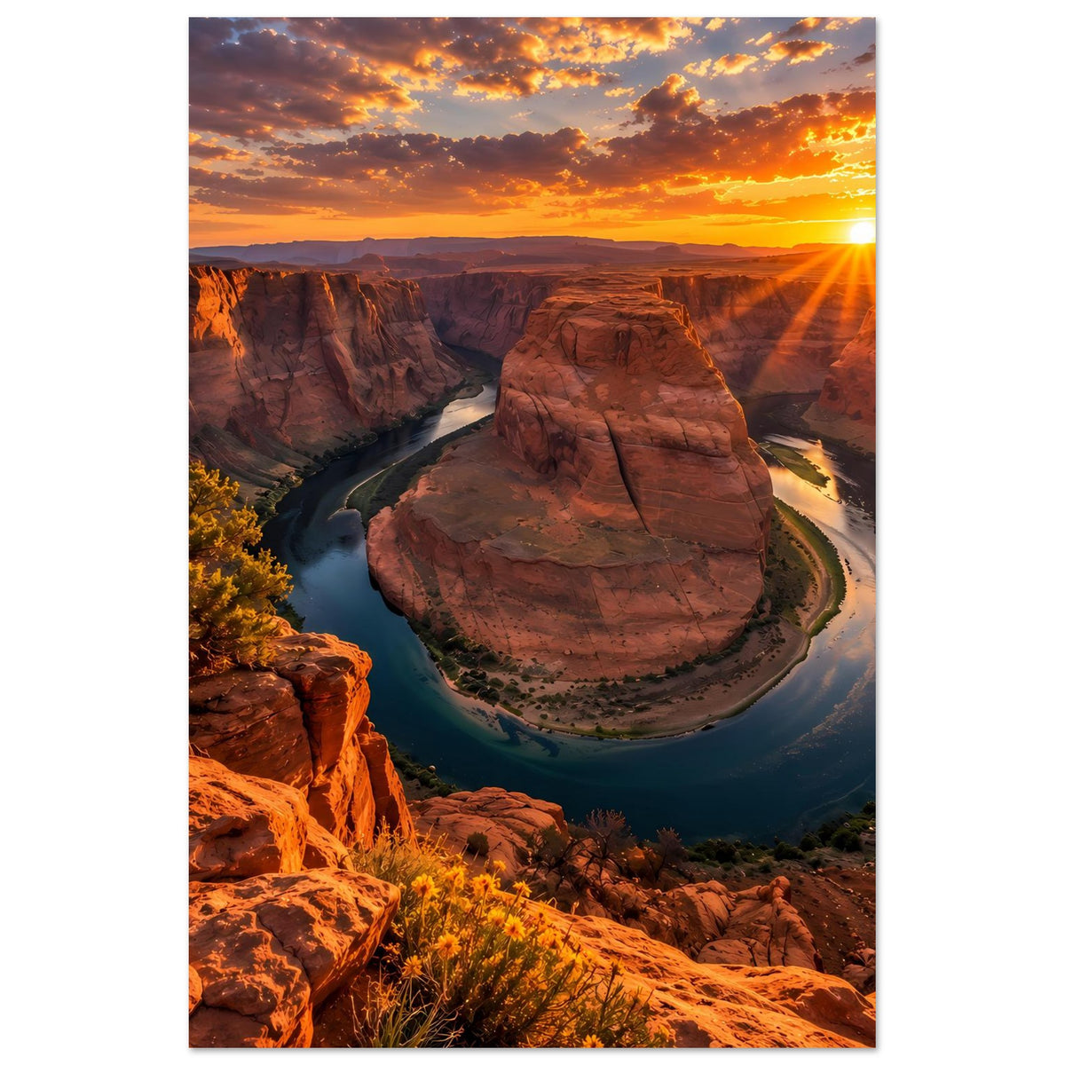 Wandposter im Hochformat mit Canyon, Fluss und roter Felsformation bei Sonnenuntergang