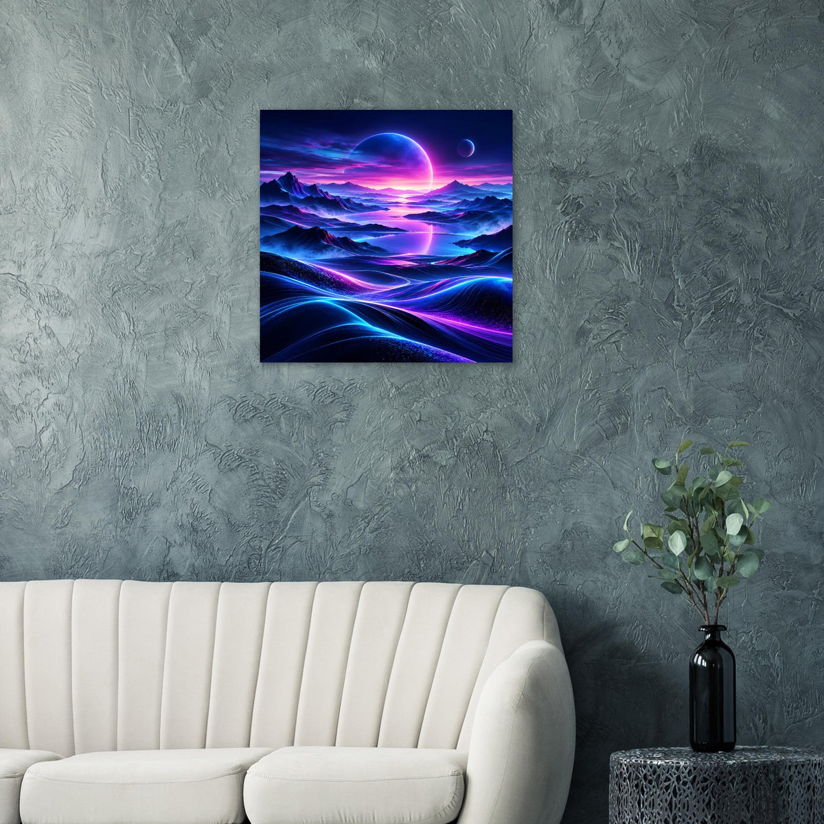 Leuchtendes Neon-Weltraum-Poster, quadratisch: Planet und leuchtende Strahlen über Bergen