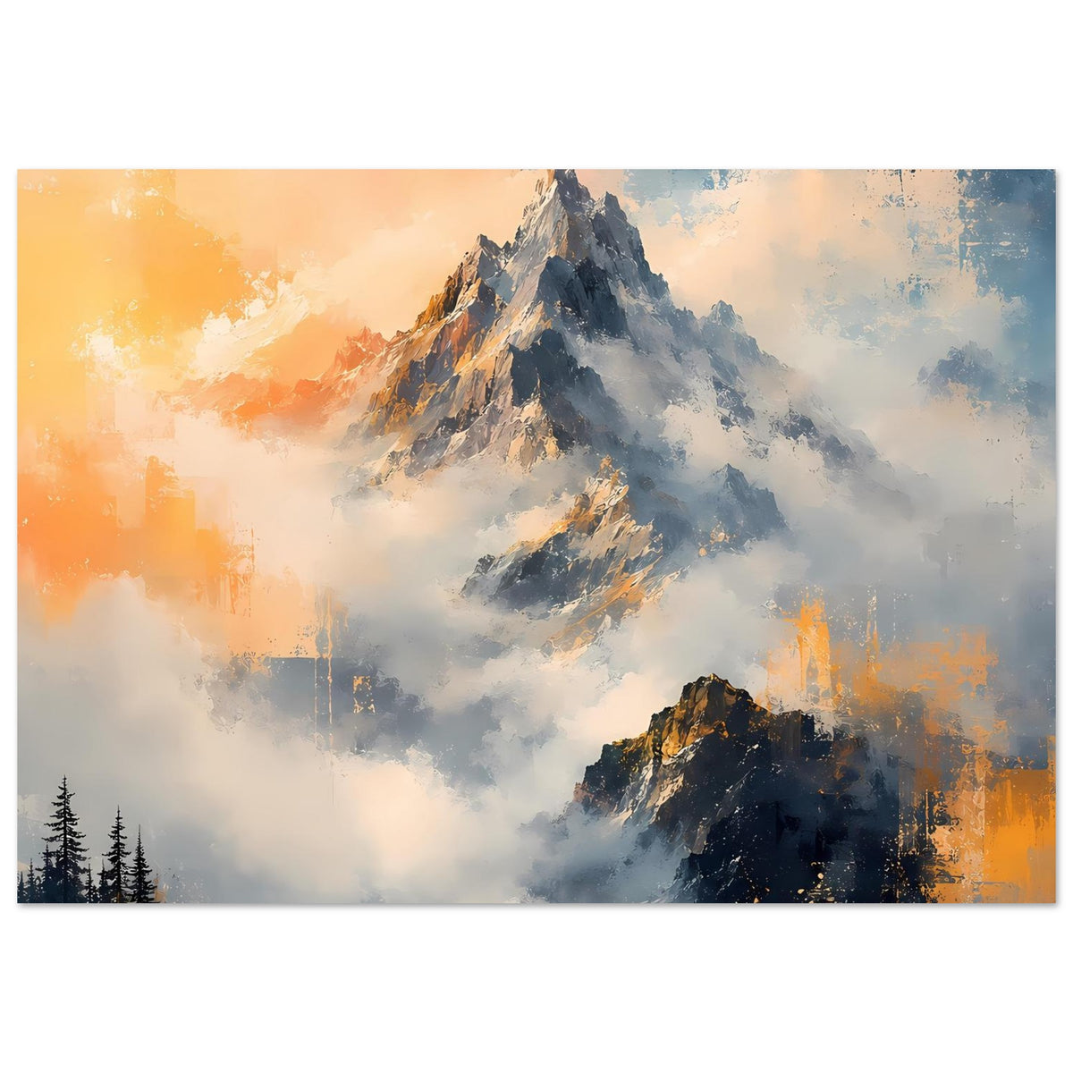 Wandposter mit Bergmotiv in Blau und Orange, Wolken, Felsen und kleine Tannen unten