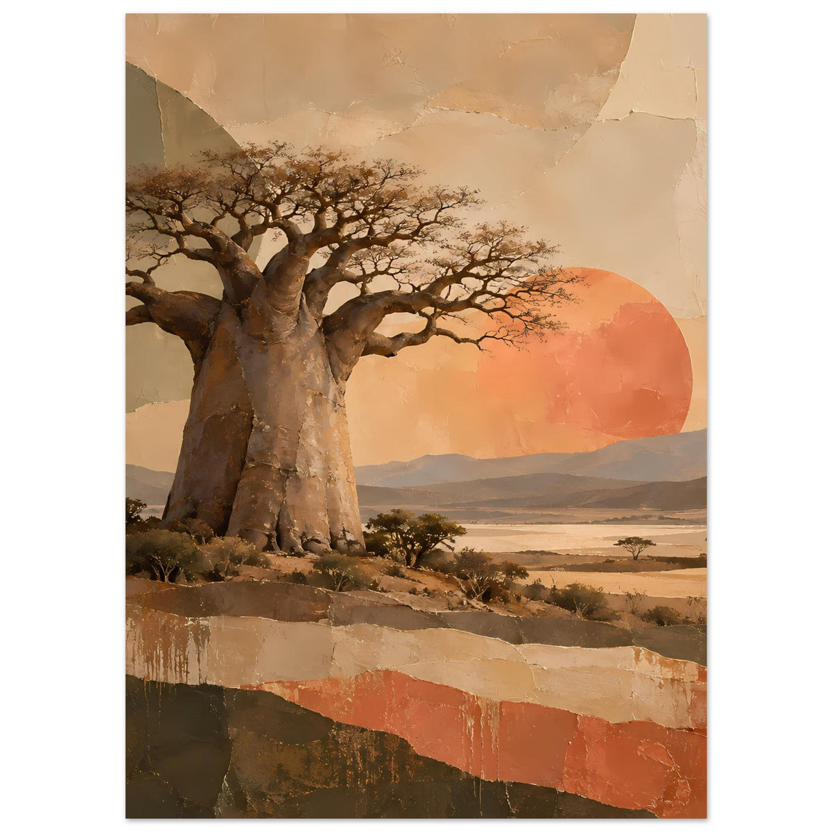 Naturposter: Baobab-Baum mit ausladenden Ästen, orange Sonnenball, Wüstenlandschaft