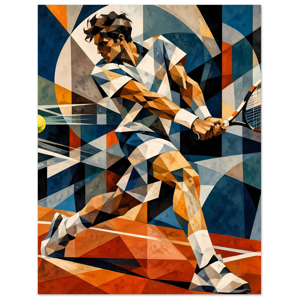 Tennis-Action-Kunstposter: Spieler in Low-Poly-Optik, Schläger und gelber Ball sichtbar
